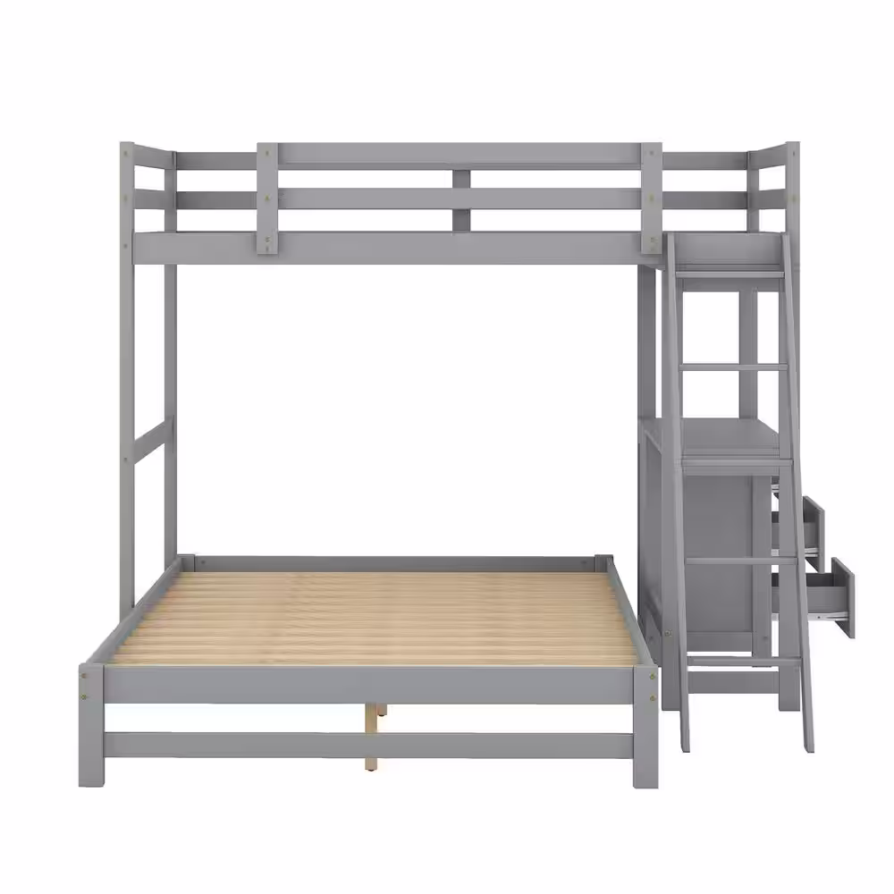 Harper & Bright Designs Gray Twin over Full Wooden Bunk Bed with Built-in Desk, 3 Drawers and Ladder