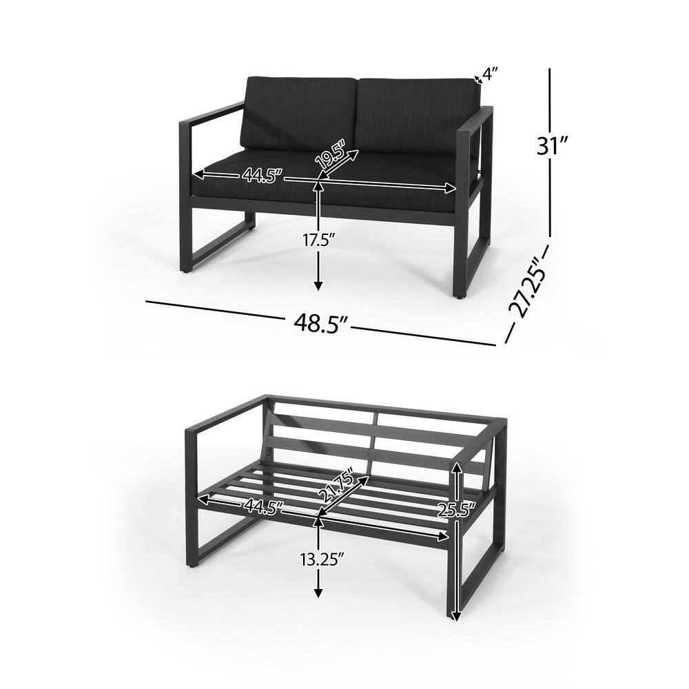 Noble House Navan Dark Gray 4-Piece Aluminum Patio Conversation Set with Dark gray Cushions