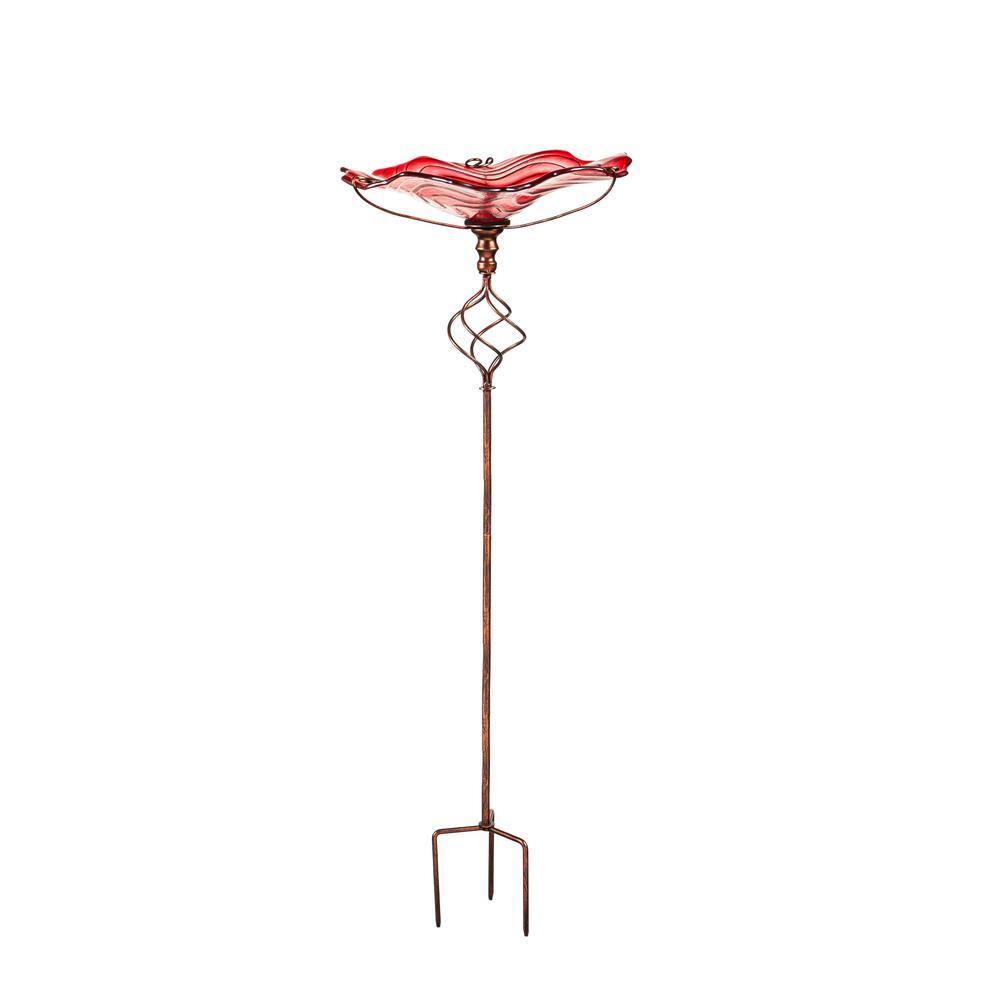 Evergreen Red Swirl Glass Birdbath with Garden Stake