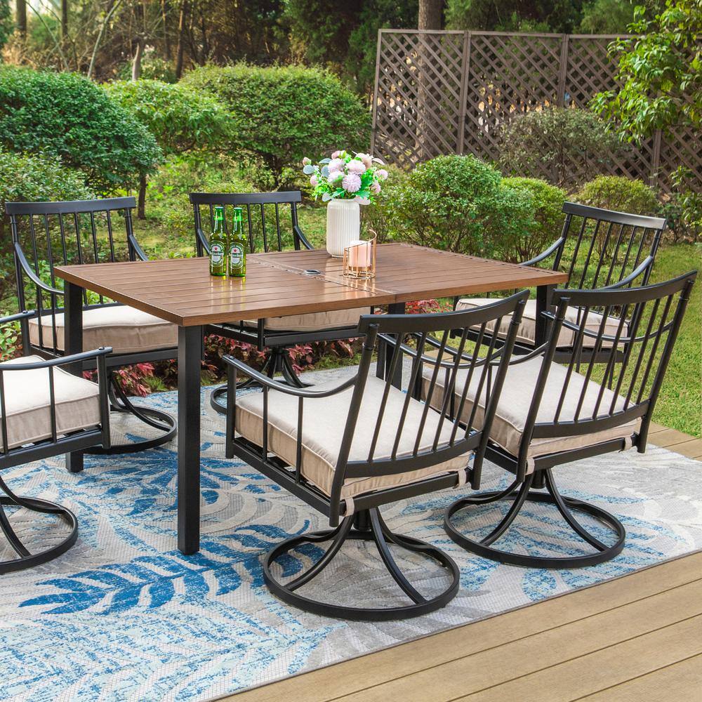 None 7-Piece Metal Patio Outdoor Dining Set with Brown Slat Table-Top and Swivel Stylish Chairs with Beige Cushion