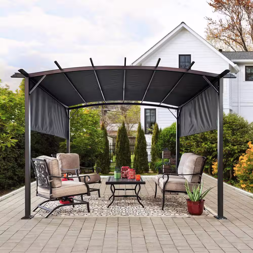 None 12 ft. x 9 ft. Gray Outdoor Pergola Patio Gazebo, Retractable Shade Canopy, Steel Frame Grape Gazebo