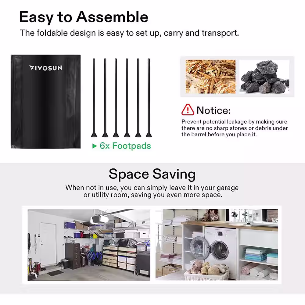 VIVOSUN 53 Gal. Collapsible Rain Barrel with 2 Spigots and Overflow Kit in Black