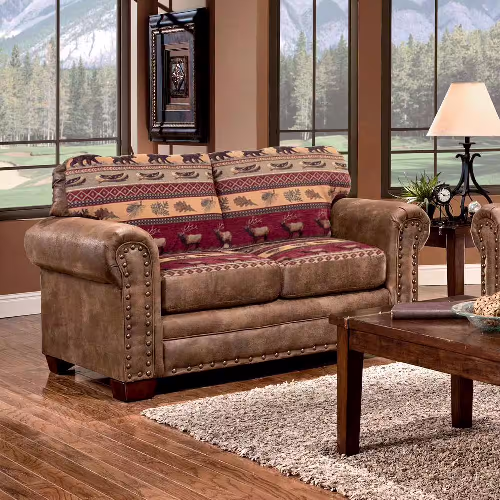 American Furniture Classics Sierra Lodge 67 in. Brown/Rust Pattern Microfiber 3-Seater Loveseat with Nailheads