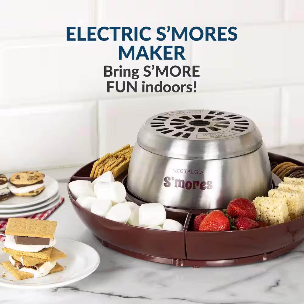 Nostalgia Indoor Electric Stainless Steel S'mores Maker with 4-Lazy Susan Compartment Trays
