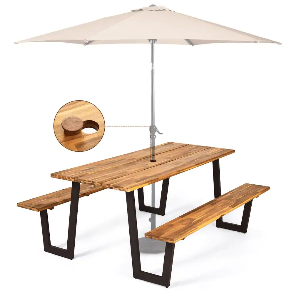 Costway Natural Rectangle Wood Picnic Table Dining Table Set with 2 Bench Seats and Umbrella Hole Patented