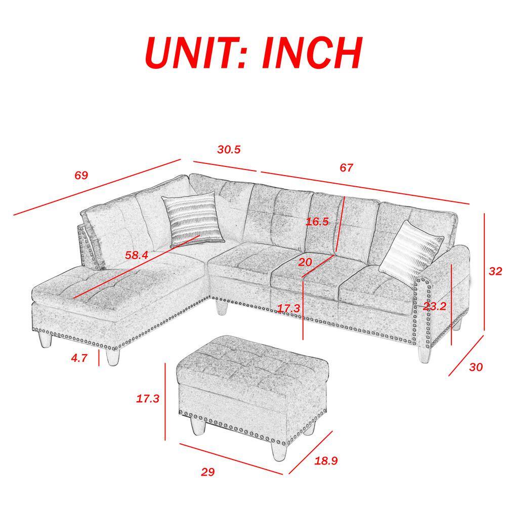 Seafuloy 97.5 in W Square Arm 3-piece L Shaped Linen Sectional Sofa in Black w/Cupholder