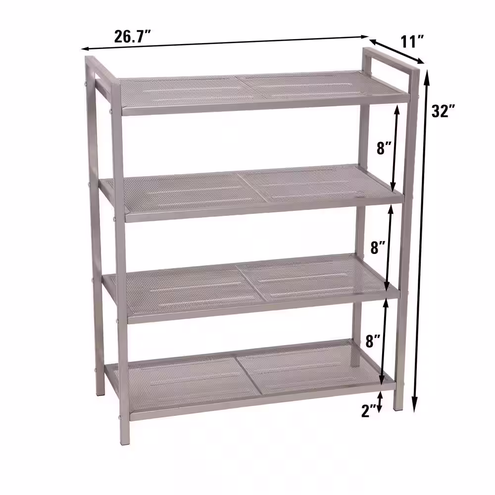 HOUSEHOLD ESSENTIALS 32 in. H x 26.7 in. 12-Pair 4-Tier Metal Mesh Shoe Rack in Nickel