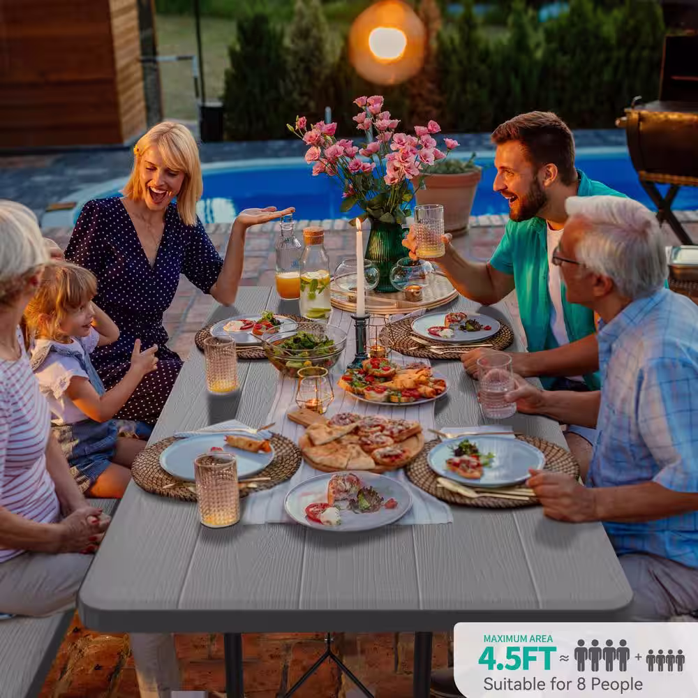 None 6 ft. White Rectangular HDPE Picnic Table and Bench with Umbrella Hole