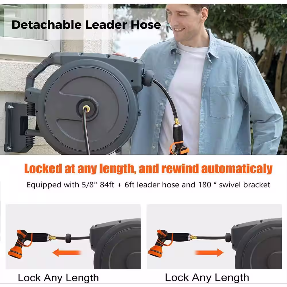 None Retractable Hose Reel 5/8 in. x 90 ft. Wall Mounted Garden Hose Reel with Swivel Bracket and 8 Pattern Nozzle Water Hose