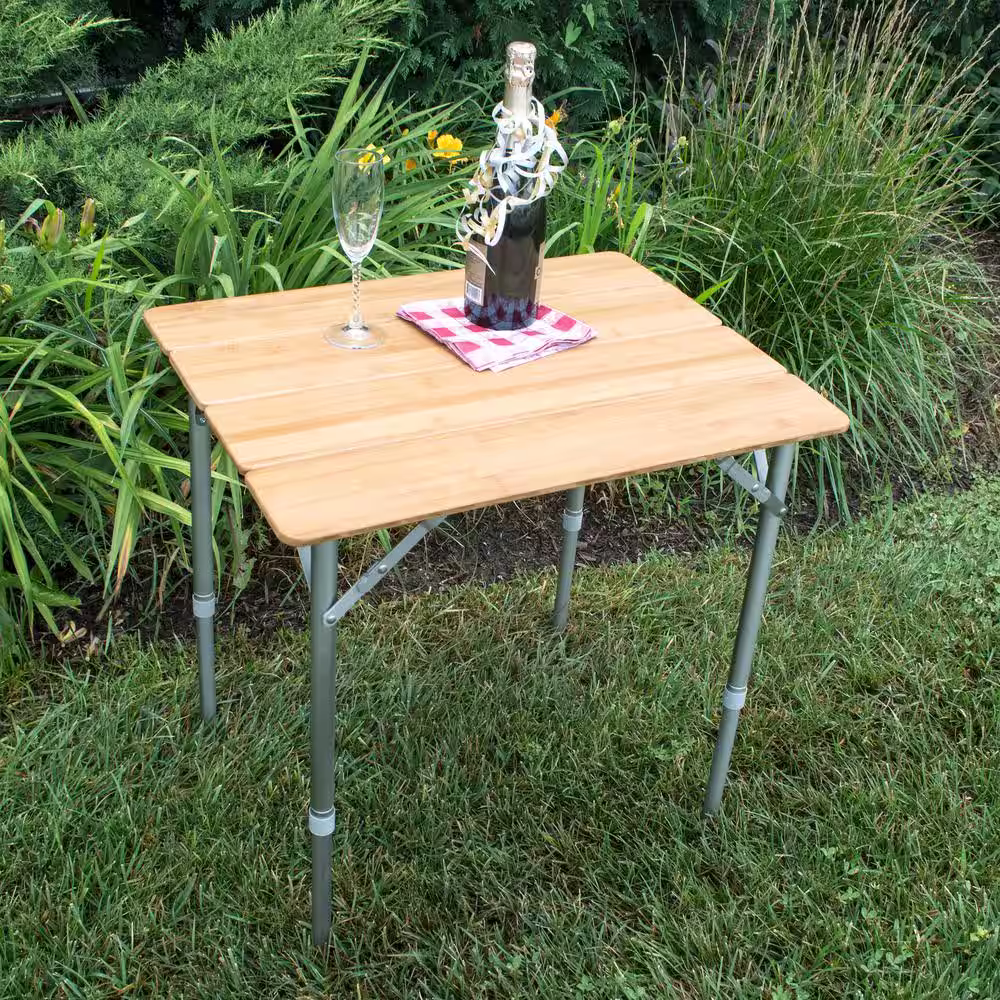 AmeriHome 25.75 in. x 17 in. Adjustable Height Folding Bamboo Wood Table with Carry Bag