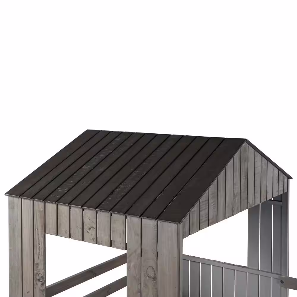 None Playhouse Style Antique Gray Wooden Twin Over Full Bunk Bed with Ladder,Slide and Guardrails(78.7 in. W x 82.3 in. H)