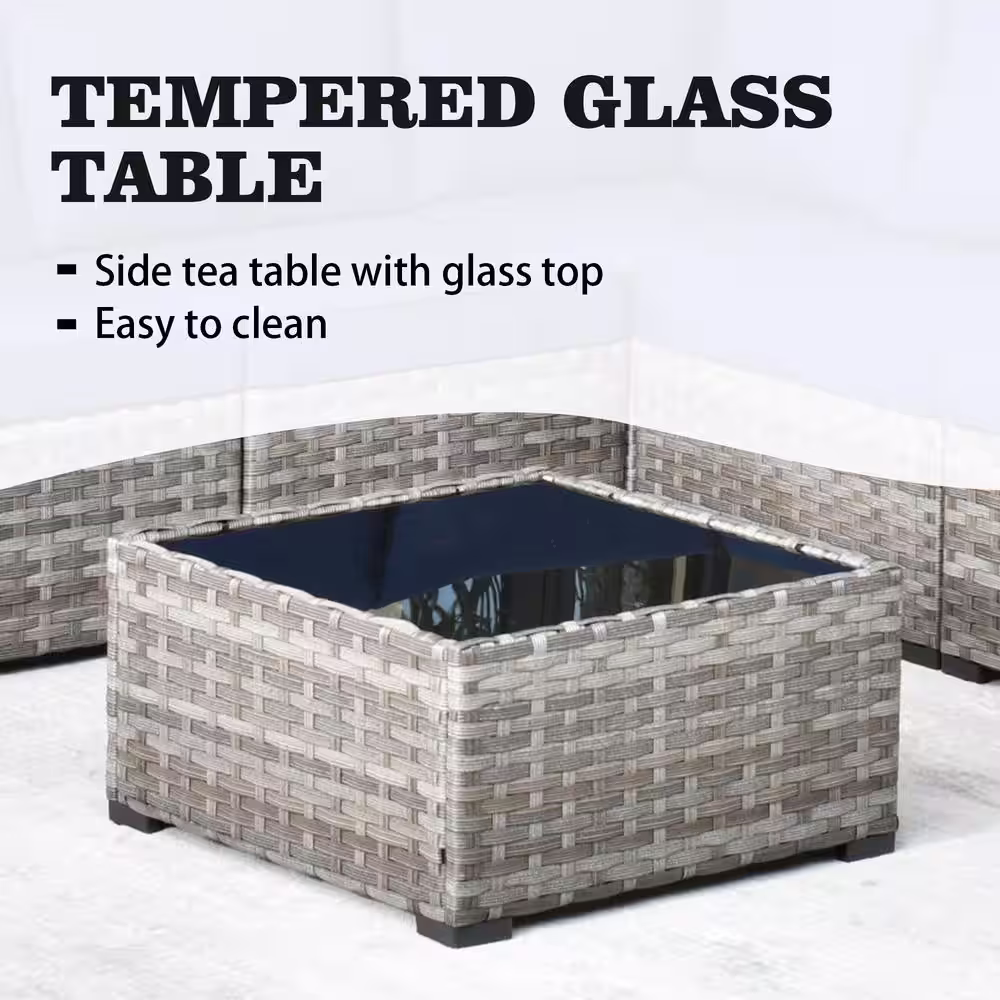 OVIOS Marvel Gray 6-Piece Wicker Wide Arm Patio Conversation Set with Navy Blue Cushions