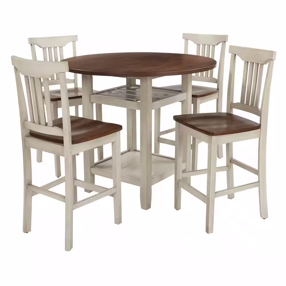 OSP Home Furnishings Berkley 5-Piece Set Table Chairs in Antique White with Wood Stain