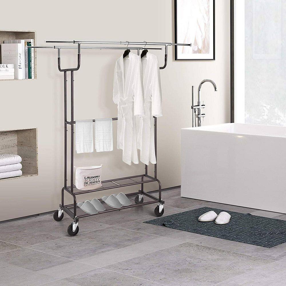 None Silver Metal Garment Clothes Rack With Double Rod 38 in. W x 62 in. H