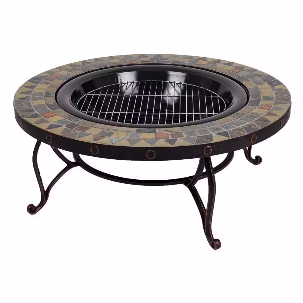 Pleasant Hearth Juniper Slate Top 34 in. W x 19.6 in. H Round Steel Wood Burning Rubbed Bronze Fire Pit
