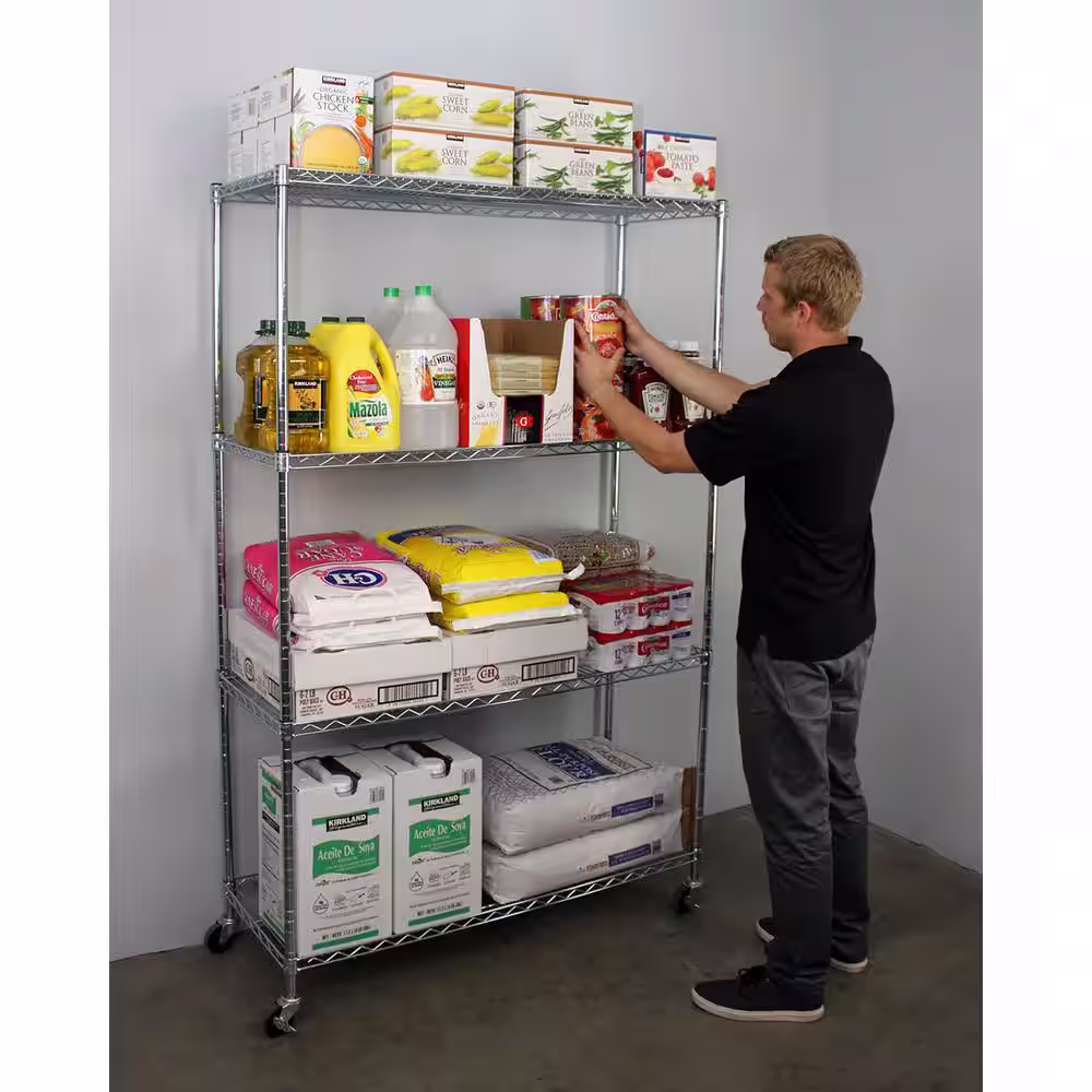 SafeRacks 72 in. H x 48 in. W x 18 in. D NSF 4-Tier Wire Chrome Shelving Rack with Wheels
