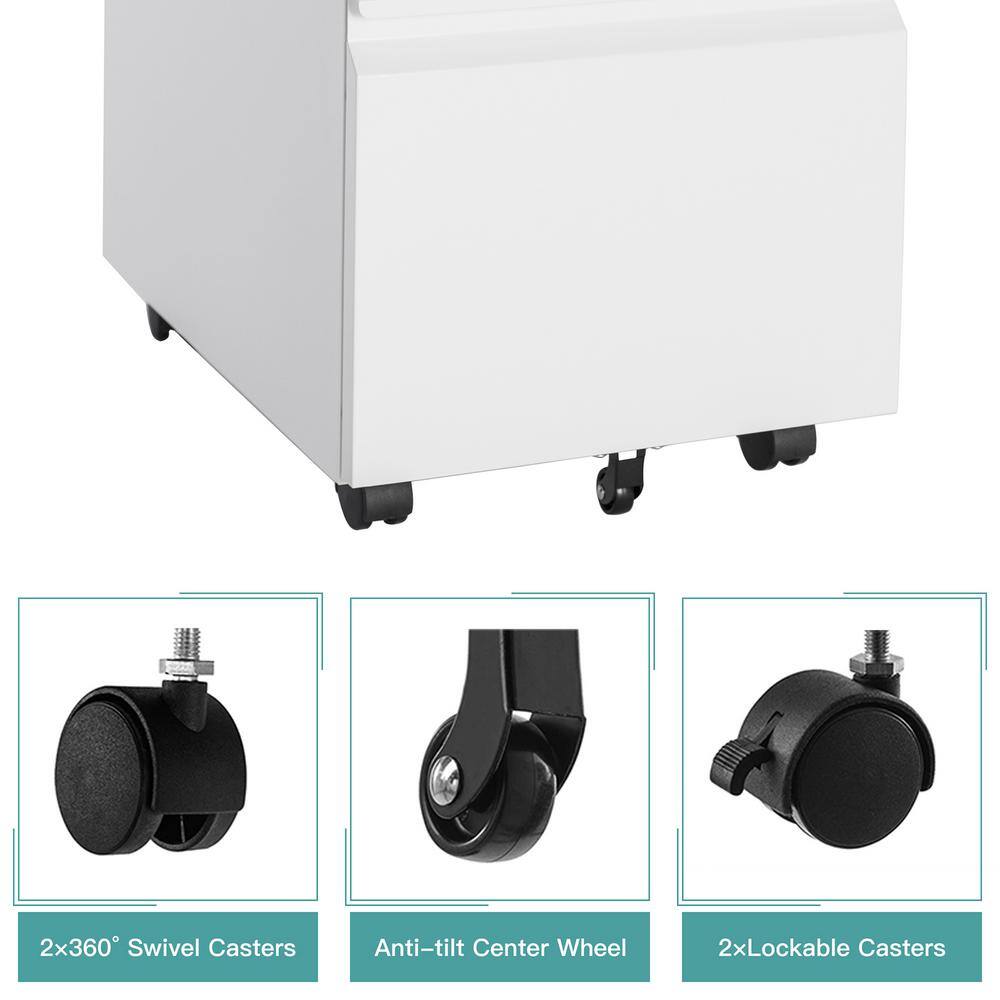 Mlezan White Mobile File Cabinet 14.6 in. W x 17.7 in. D Letter/Legal Metal 3-Drawer with Lock on Wheels