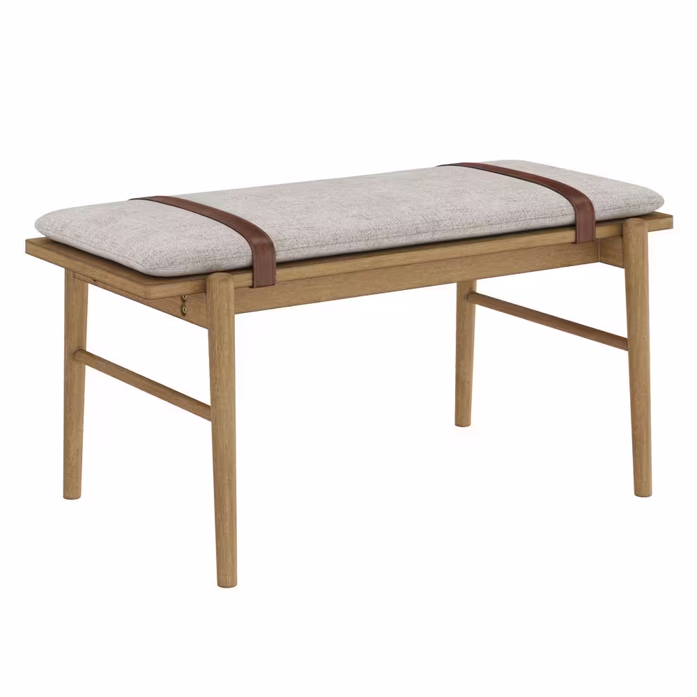 Nathan James Gugan Light Brown Mid-Century Wooden Bench with Removable Fabric Cushioned Seat for Dining Room, Bedroom and Hallway