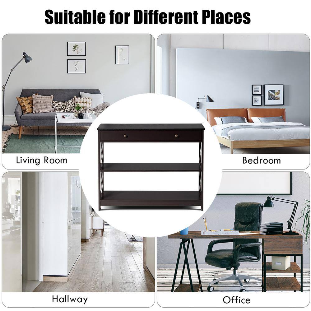 Costway Espresso Heavy Duty 3-Tier MDF Wire Shelving Unit Entryway Table (12 in. W x 31 in. H x 39 in. D)