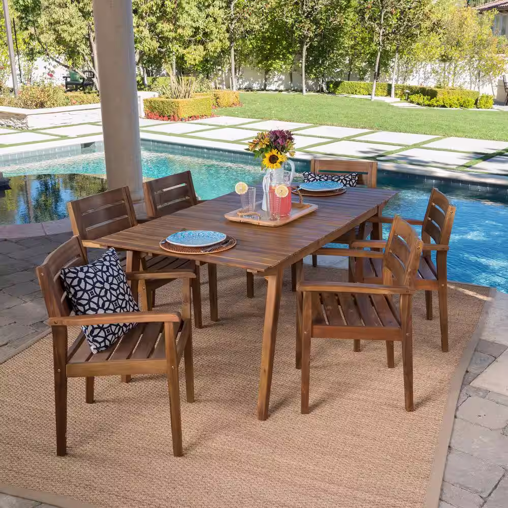 Noble House Teak Finish 7-Piece Wood Rectangular Outdoor Dining Set