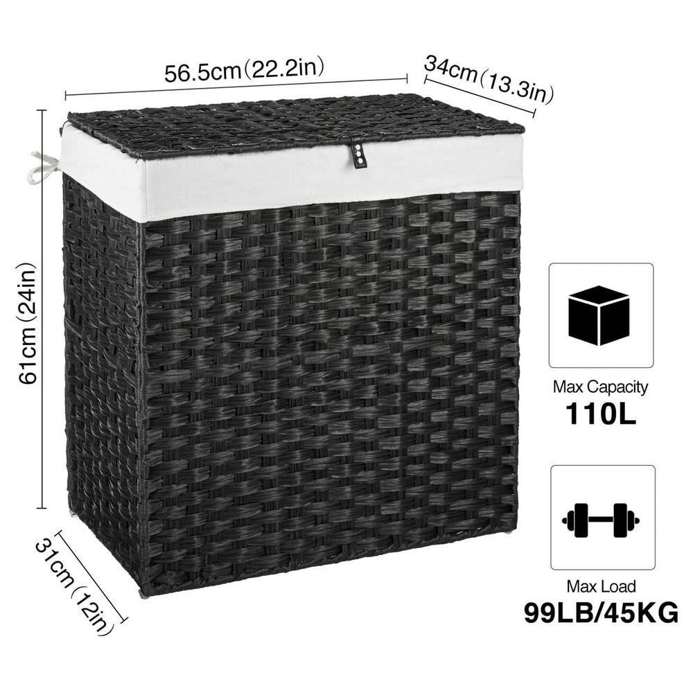 None 110L Rattan Laundry Basket Hamper with 2 Removable Liner Bags Black