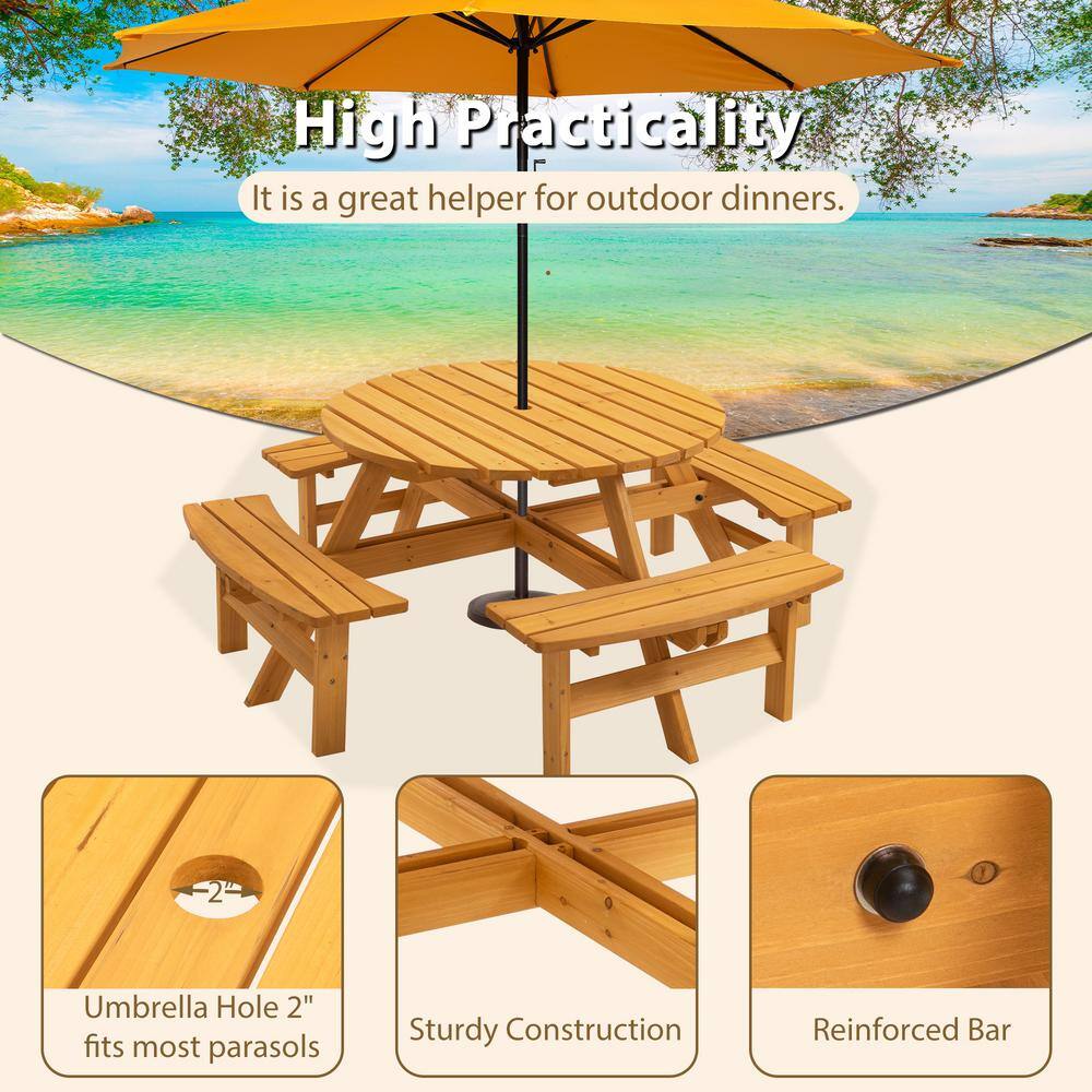 None 43.3 in. Brown Round Circular Solid Wood Picnic Table Seats 8-People with Umbrella Hole