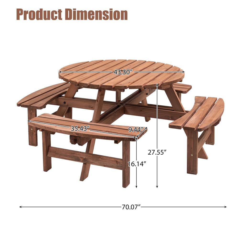None 70.07 in. W Brown Solid Wood 8 Person Wooden Picnic Table Garden DIY w/4 Built-in Benches