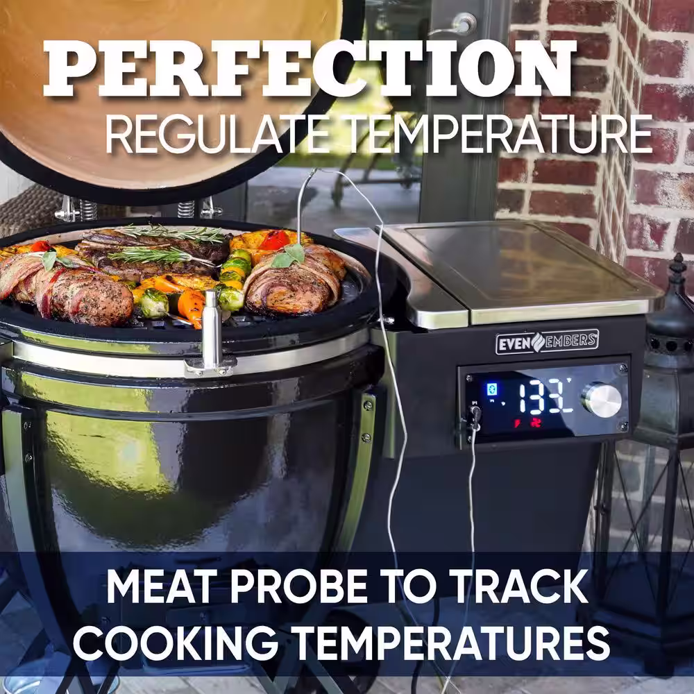 Even Embers Pellet Grill Kamado Smoker Ceramic with Bluetooth in Black