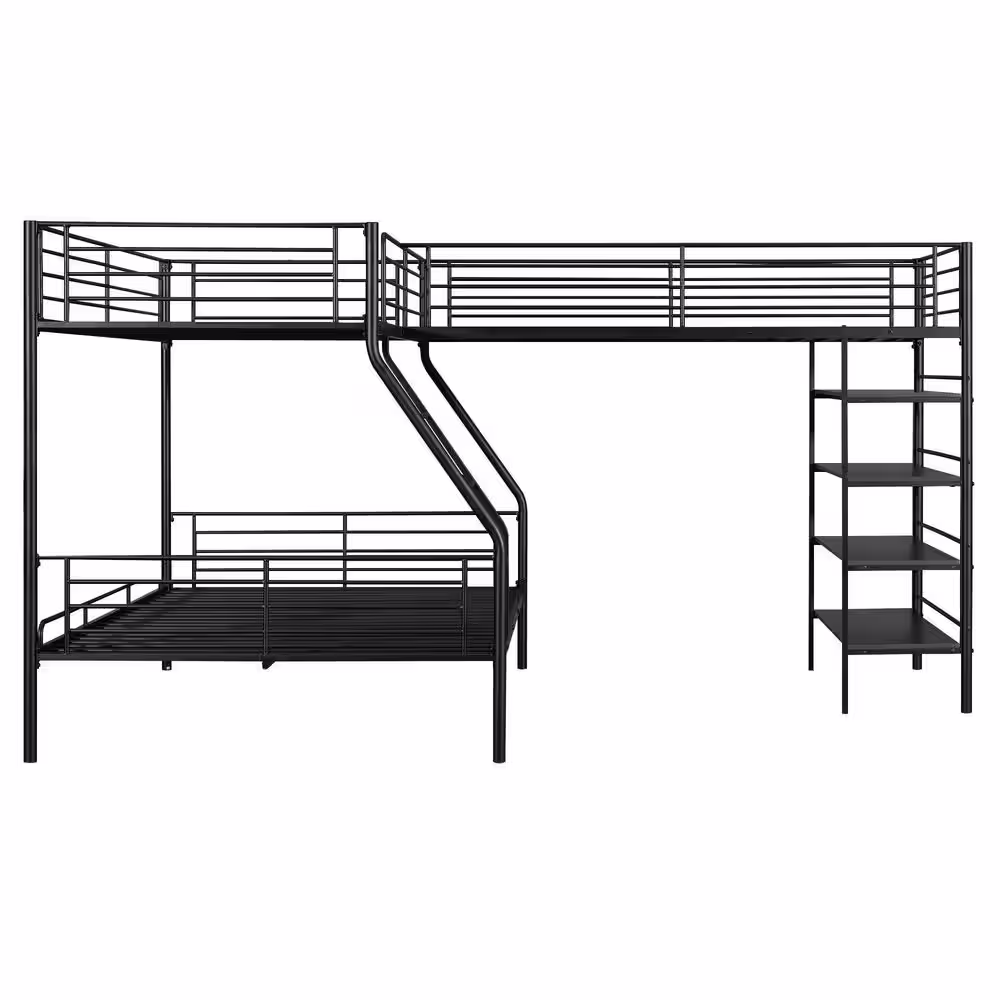 Harper & Bright Designs L-shaped Black Twin and Twin over Full Metal Triple Bunk Bed with 4 Built-in Shelves