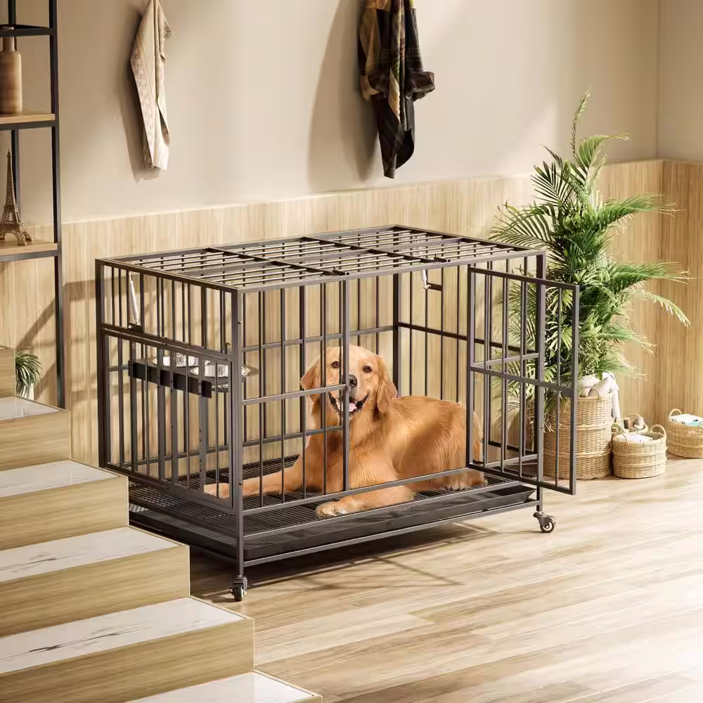 None 49 in. Heavy-Duty Dog Crate Cage Kennel with Wheels/360Â° and Adjustable 2 Alloy Bowls/Unique Air Lift Rod