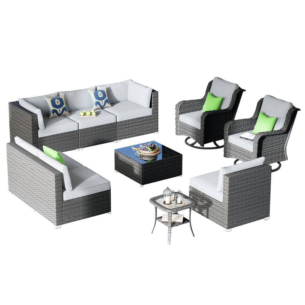 XIZZI Athena Gray 10-Piece Wicker Outdoor Patio Conversation Seating Set with Gray Cushions