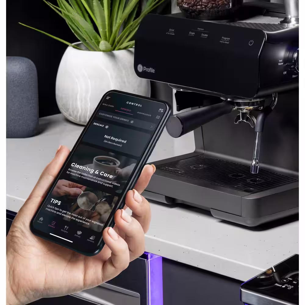 GE Profile 1- Cup Semi Automatic Espresso Machine in Black with Built-in Grinder, Frother, Frothing Pitcher, and WiFi Connected