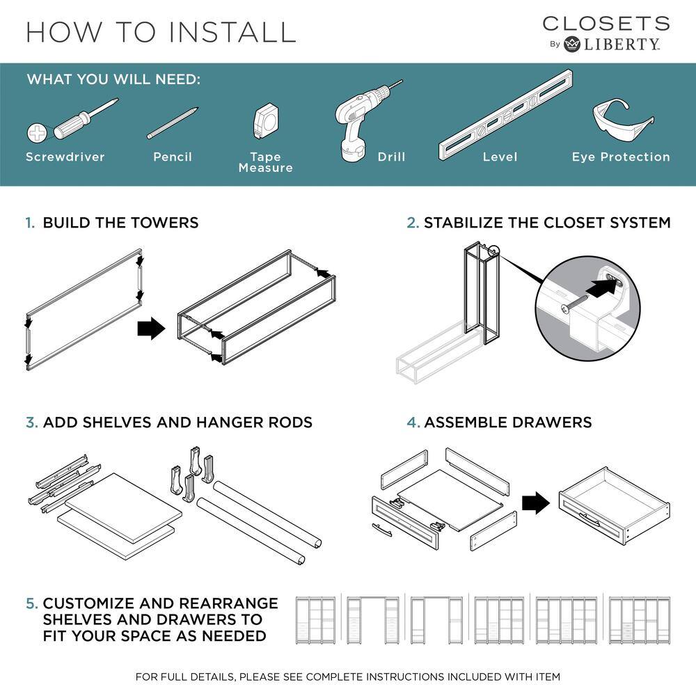 CLOSETS By LIBERTY 84 in. W White Adjustable Wood Closet System with 13-Shelves and 4-Rods