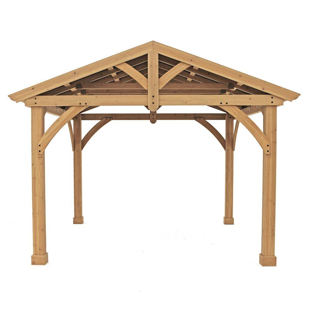 Yardistry Carolina 11 ft. x 13 ft. Premium Cedar Shade Pavilion with Coffee Brown Aluminum Roof and UV resistant Phifer Mesh Kit