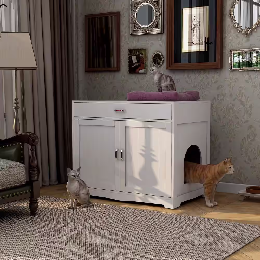 None Litter Box Enclosure Cat Litter Box Furniture with Hidden Plug 2 Doors Cat Washroom Storage Bench Side Table in White