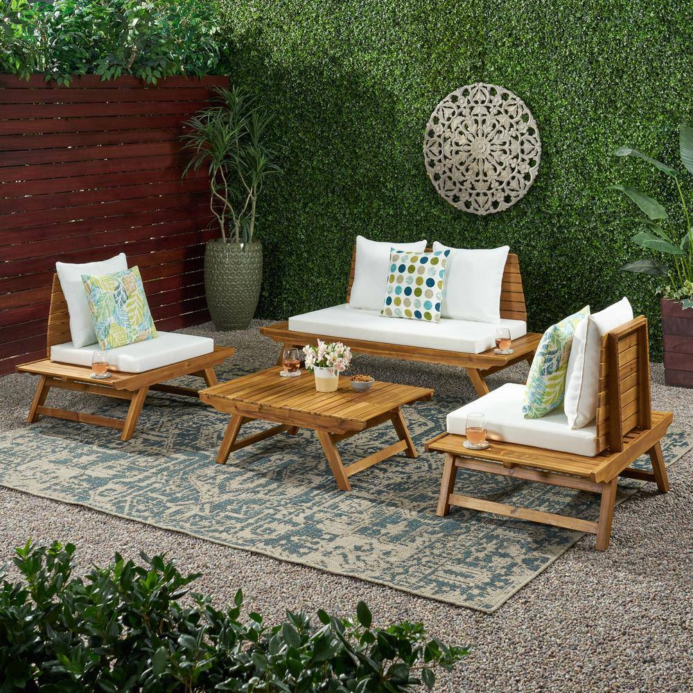 Noble House Sedona Teak Brown 4-Piece Wood Patio Conversation Set with White Cushions