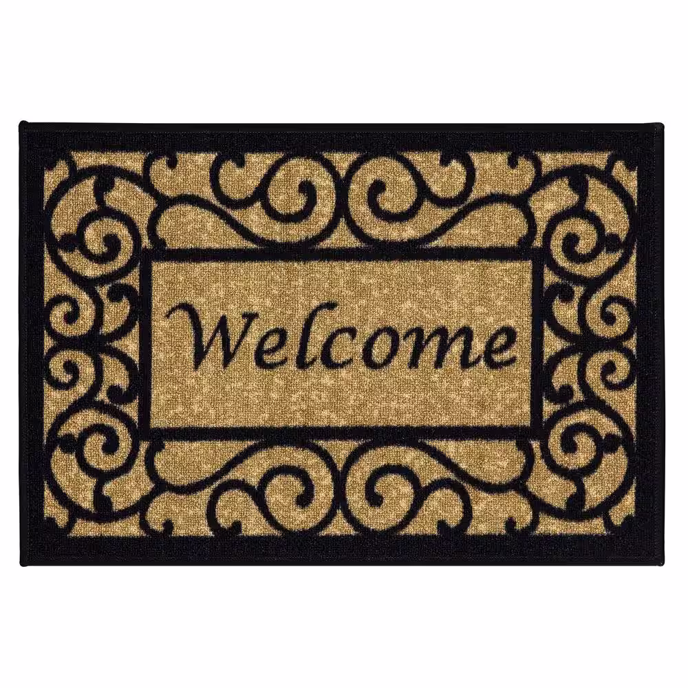 Ottomanson Hello Collection Non-Slip Rubberback Floral Border 20x30 Indoor/Outdoor Doormat, 1 ft. 8 in. x 2 ft. 6 in., Beige