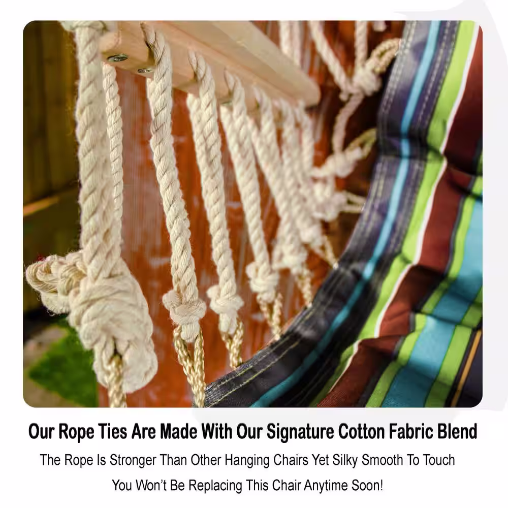 None 2.5 ft. Hammock Chair with Wooden Armrests in Red, Blue and Green Stripes