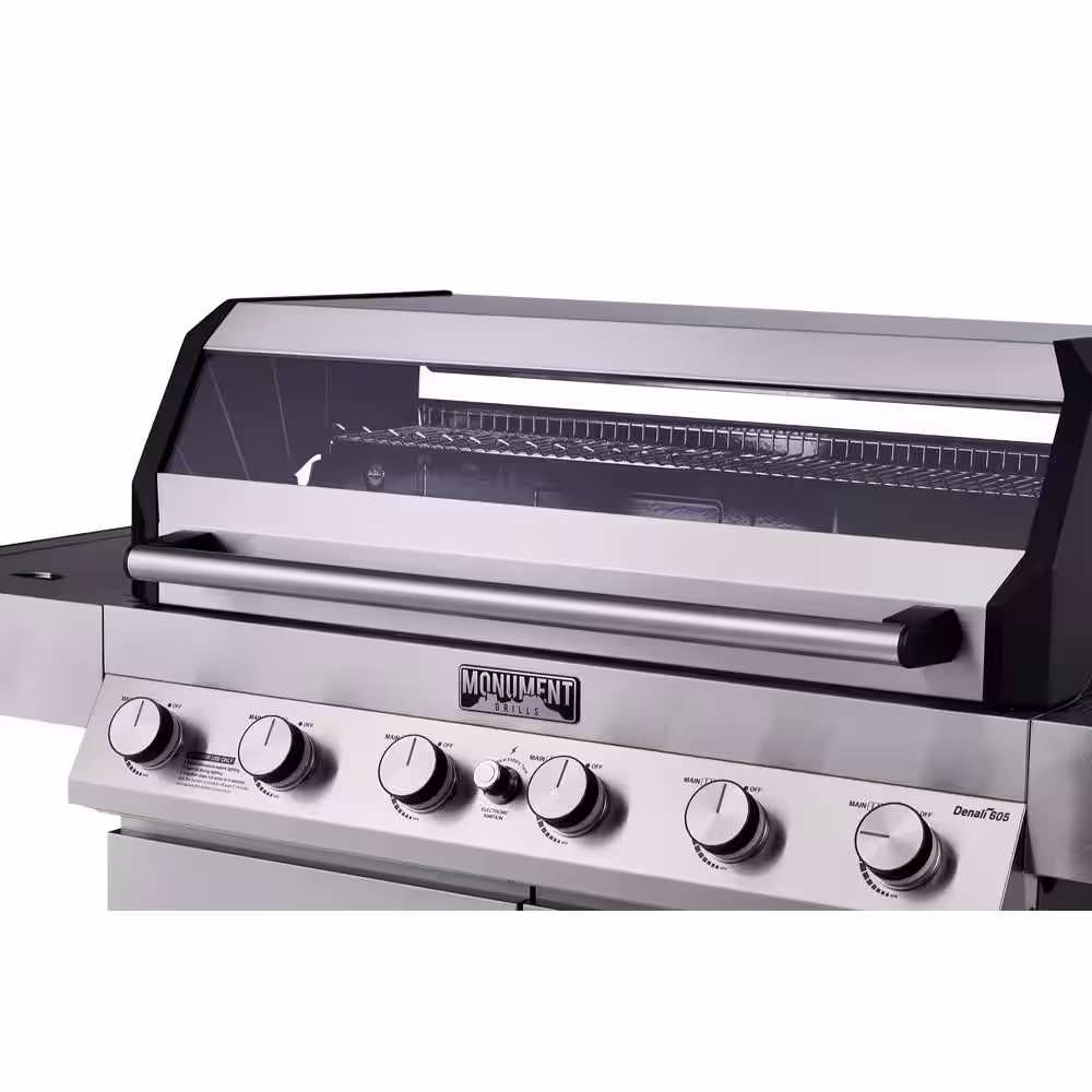 Monument Grills Denali 6-Burner Propane Gas Grill in Stainless with Clearview Lid, 3-Phase LED Controls and Side Burner Box A