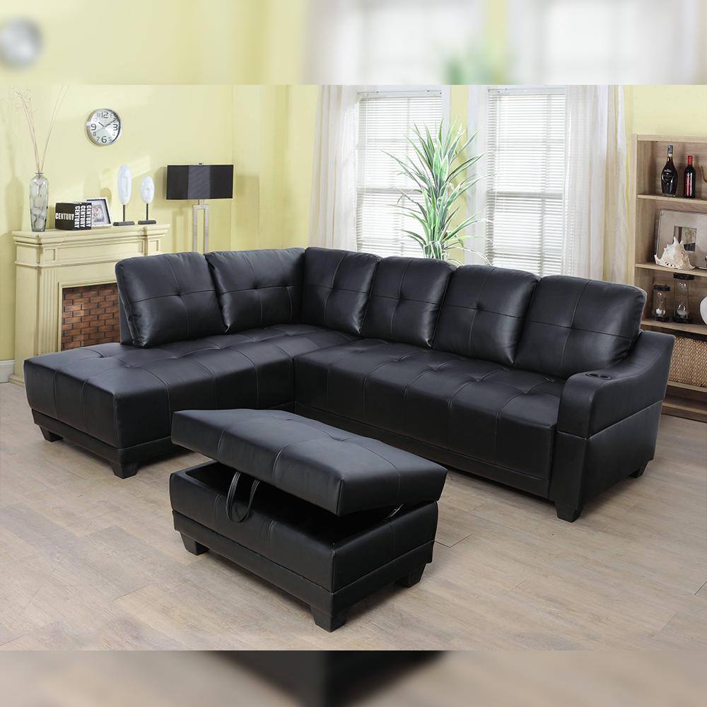 Star Home Living Mike 3-Piece Black Faux Leather 3-Seater L-Shaped Left-Facing Sectional Sofa with Ottoman
