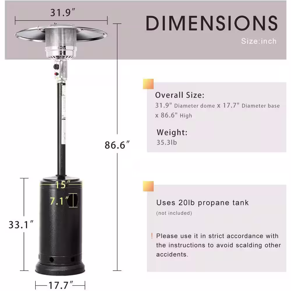 None 48,000 BTU Matte Black Stainless Steel Propane Patio Heater with Wheels