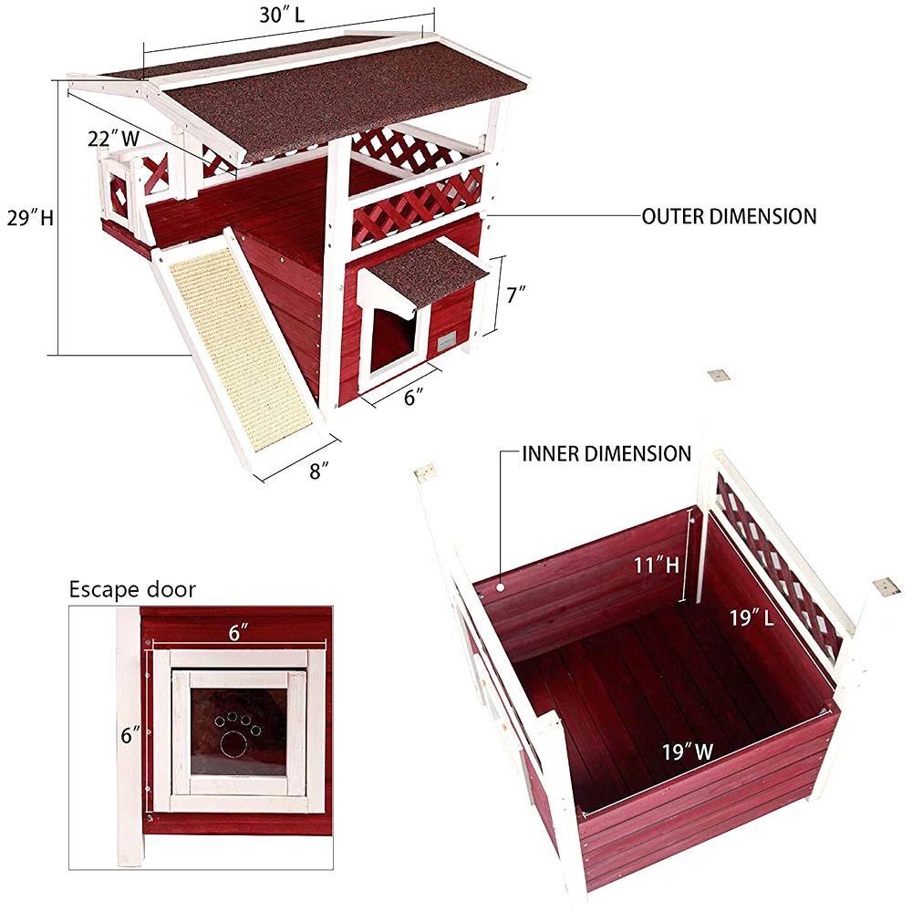 None Cat House for Outdoor Cats Weatherproof with Scratching Pad and Escape Door in Red
