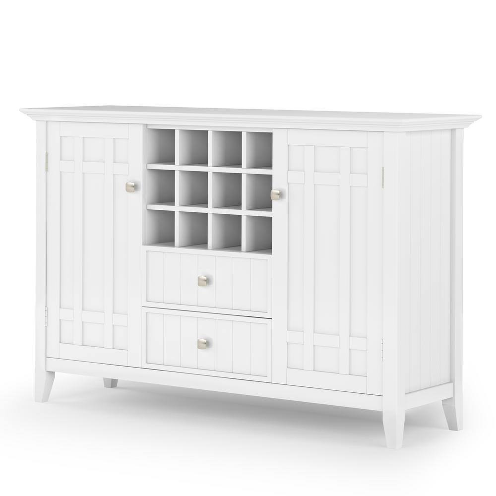 Simpli Home Bedford Solid Wood 54 in. Wide Transitional Sideboard Buffet and Wine Rack in White