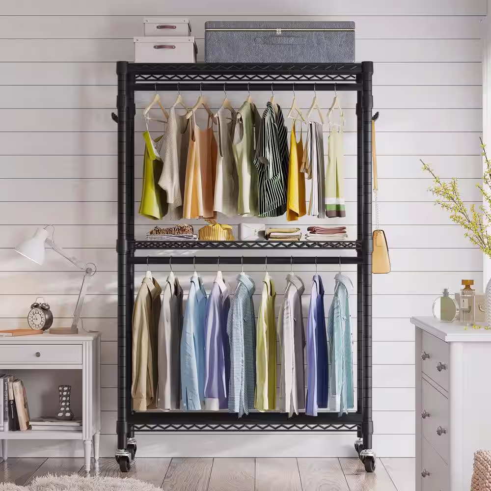 None Black Metal Garment Clothes Rack with Wheels 45 in. W x 80 in. H
