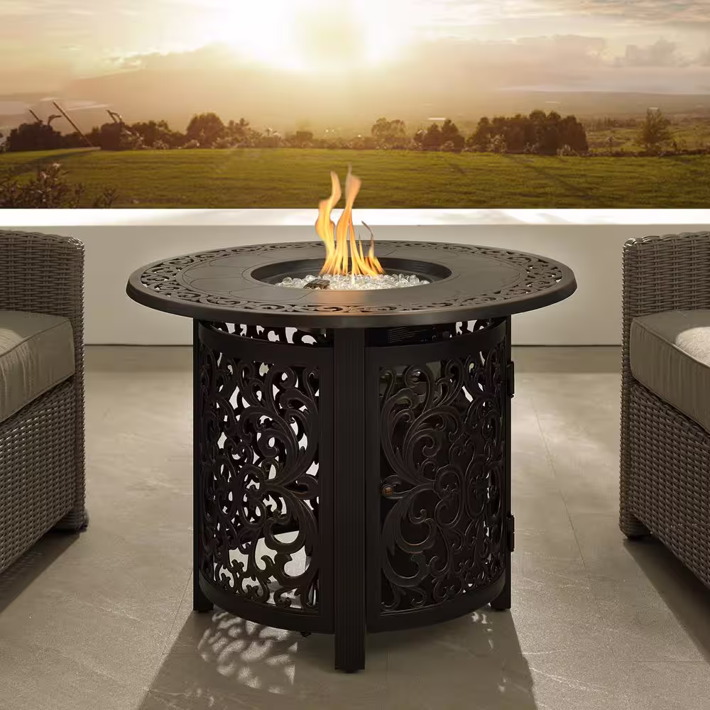 Fire Sense Jackson 34 in. x 24.5 in. Round Aluminum LPG Fire Pit Kit in Antique Bronze