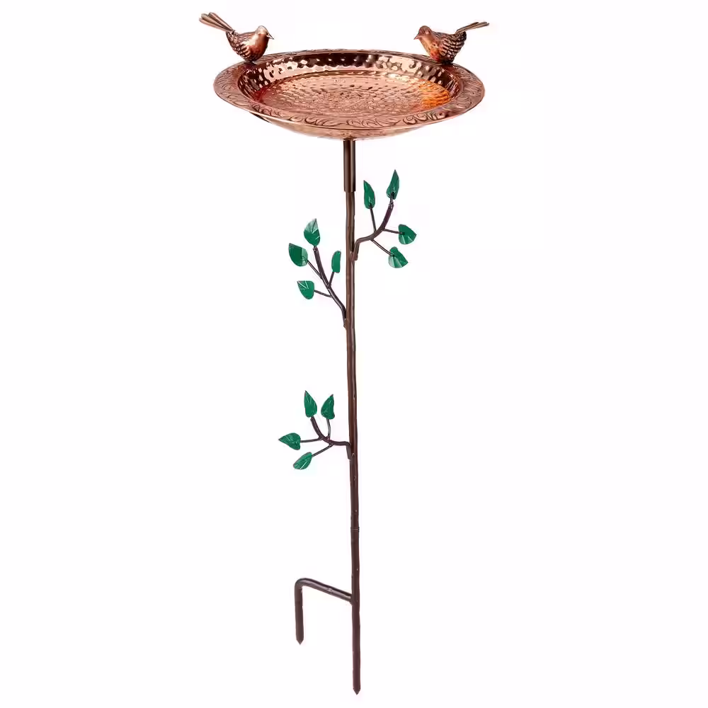 Good Directions Pure Copper Birdbath, Featuring Two Copper Birds and a Tree Themed Multi-Pronged Garden Pole