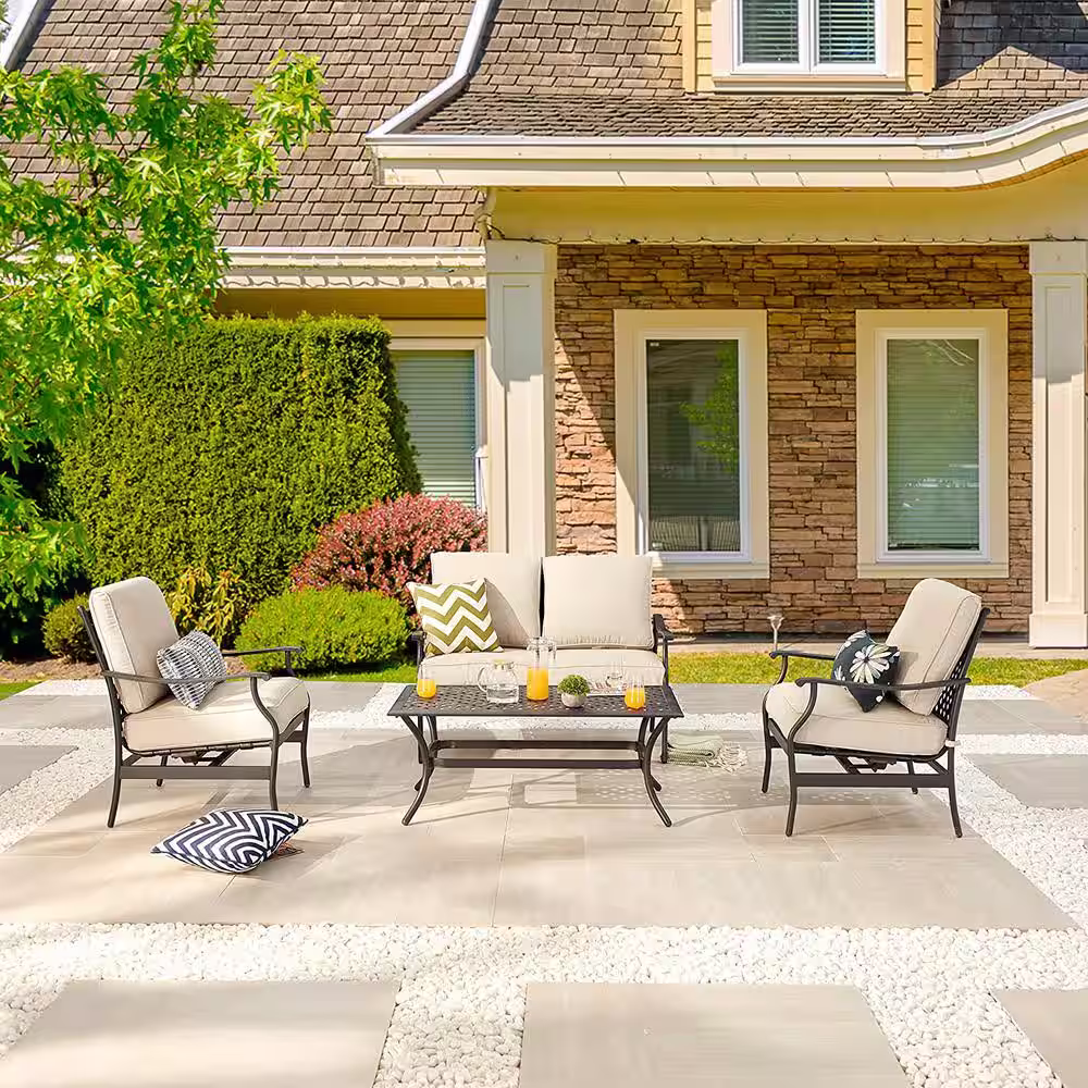 TOP HOME SPACE 4-Piece Metal Patio Conversation Set with Beige Cushions
