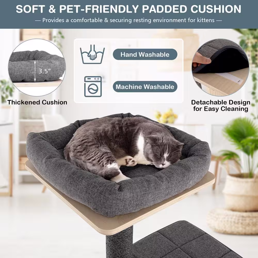 ANGELES HOME Gray Wood 5-Tier Modern Wood Cat Tower with Washable Cushions