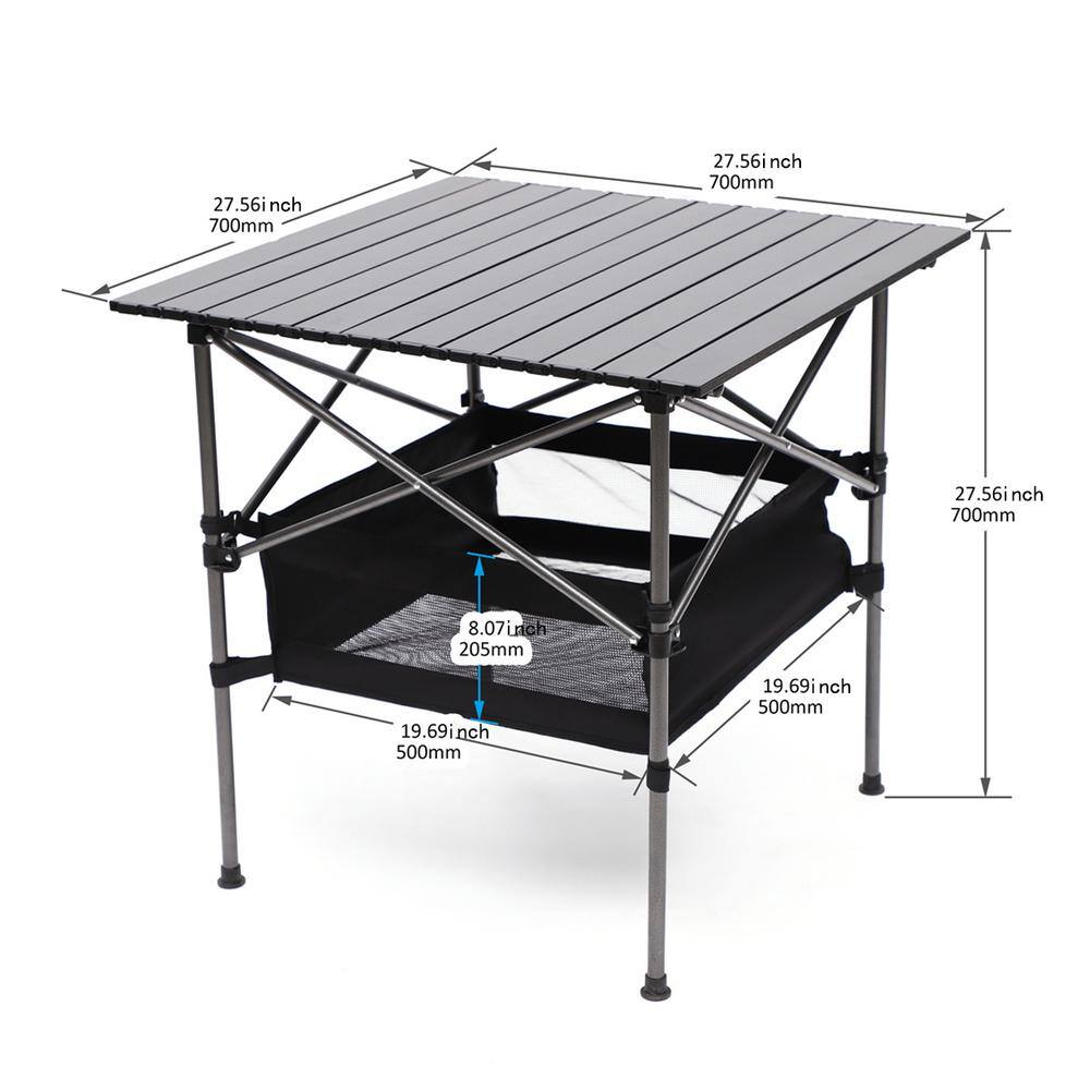 None 27.56 in. Black Aluminum Lightweight Roll-Up Square Folding Outdoor Picnic Table with Carrying Bag