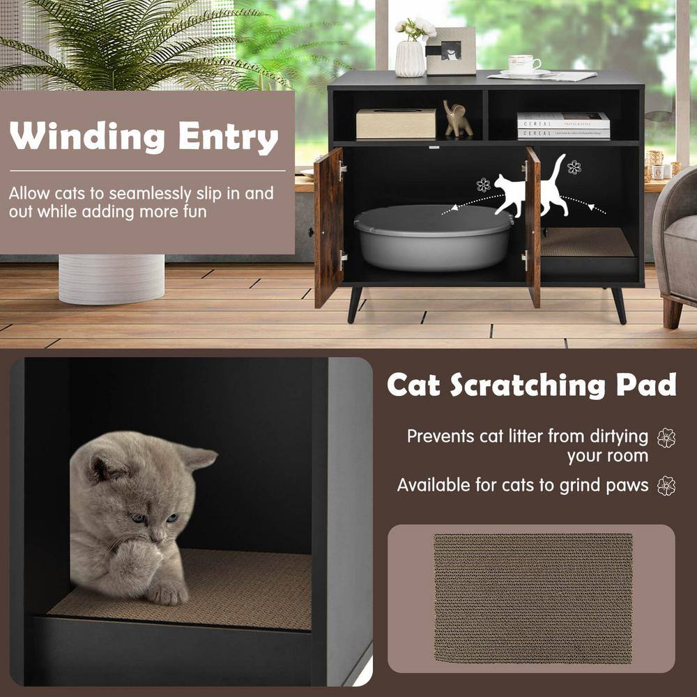 ANGELES HOME 35-1/2 in. x 19-1/2 in. Brown Black MDF Cat Litter Box Enclosure with Scratch Pad